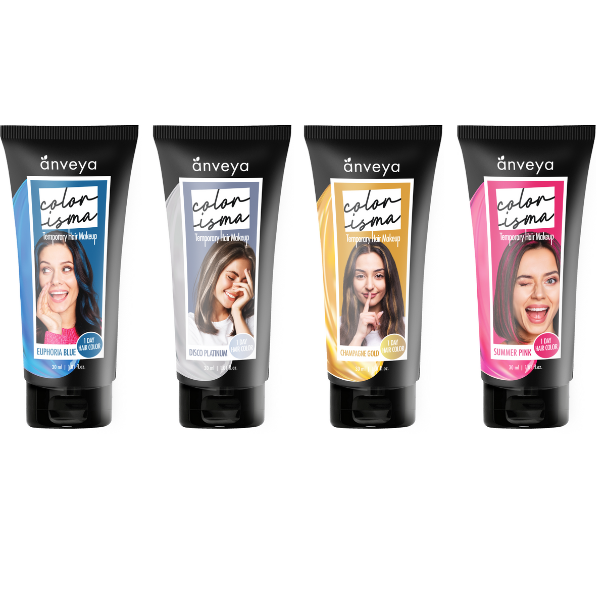 Anveya Colorisma fantastic four kit : Euphoria Blue, Summer Pink, Champagne Gold and Disco Platinum Temporary Hair Color, 30ml each