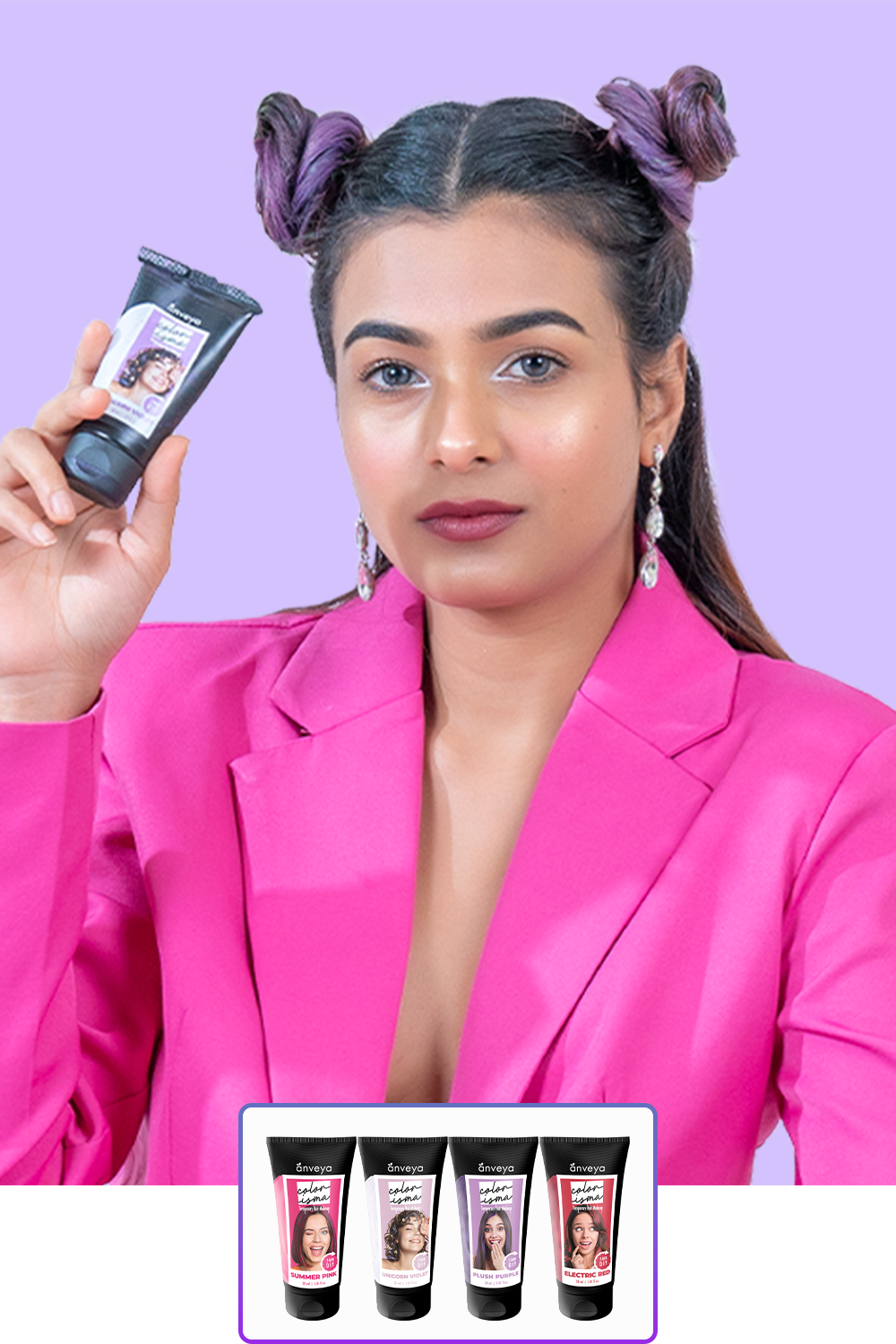 Anveya Colorisma Temporary Hair Color Heart to Hair Kit, 30ml each | Summer Pink+ Plush Purple+ Unicorn Violet+ Electric Red|